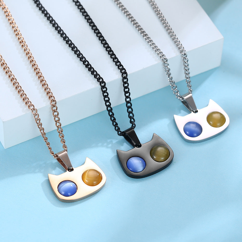 Titanium Steel Inlaid Cat's Eye Stone Cat Necklace Couple Pendant
