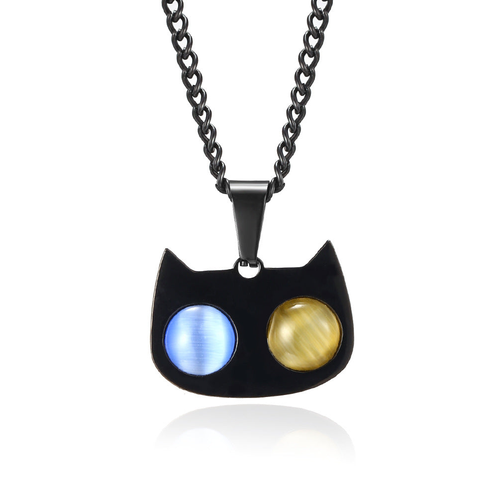 Cute Cat Face Inlaid With Cat's Eye Stone Pendant Necklace