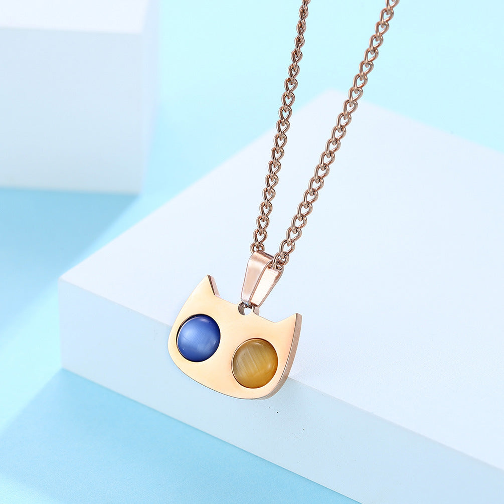 Titanium Steel Inlaid Cat's Eye Stone Cat Necklace Couple Pendant