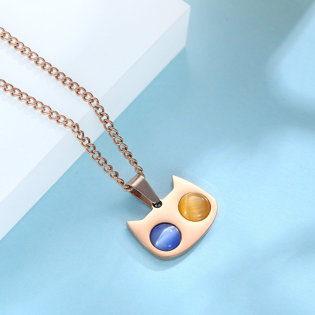 Titanium Steel Inlaid Cat's Eye Stone Cat Necklace Couple Pendant