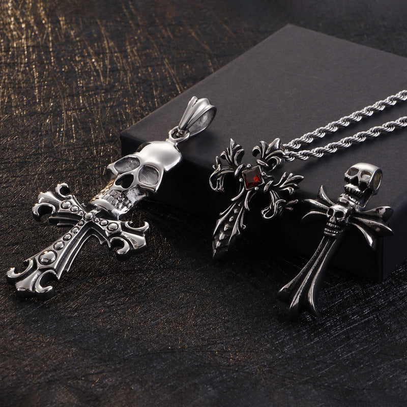 Titanium Steel Retro Dragon Warrior Cross Pendant, Stylish Zircon-Studded Stainless Steel Jewelry for Men