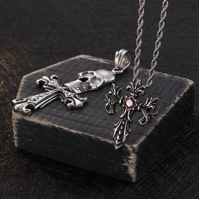 Titanium Steel Retro Dragon Warrior Cross Pendant, Stylish Zircon-Studded Stainless Steel Jewelry for Men
