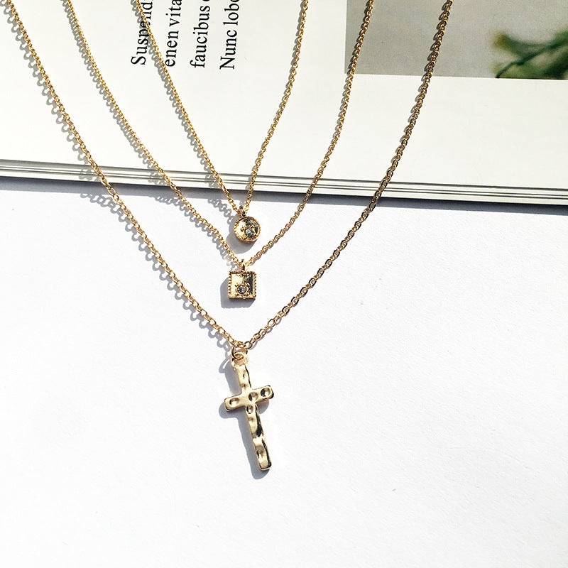 European and American Inspired Three-Layer Necklace for Women with Cross Pendant