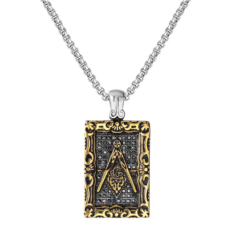 Planderful Masonic Pendant For Men Unisex Personalized Retro Zircon Tag Necklace In Titanium Steel