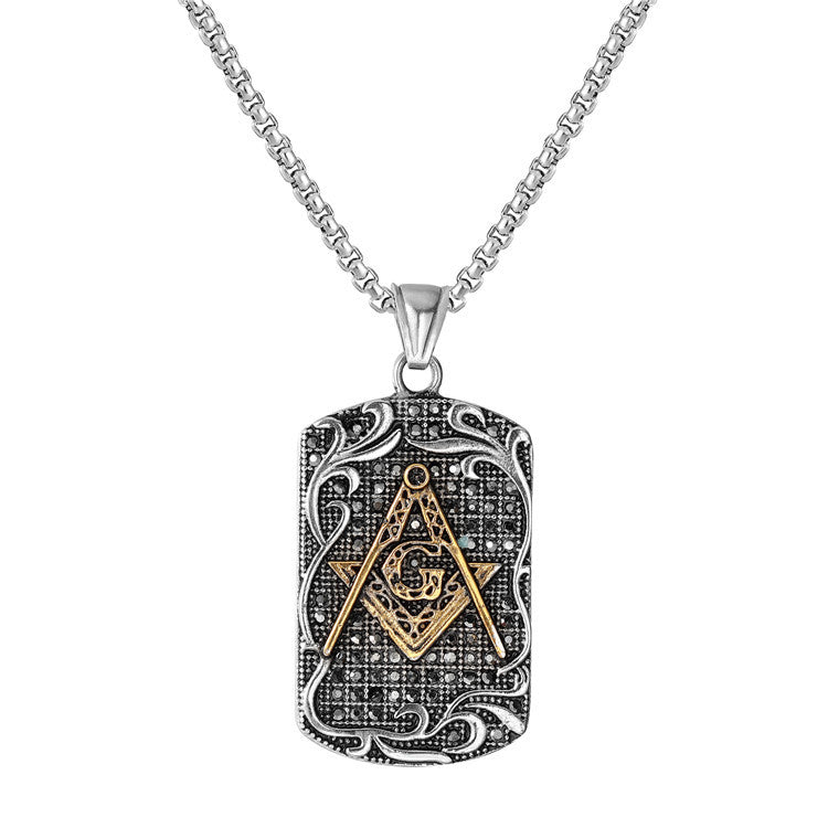 Planderful Masonic Pendant Personalized Retro Zircon Titanium Steel Tag Necklace Unisex Gift