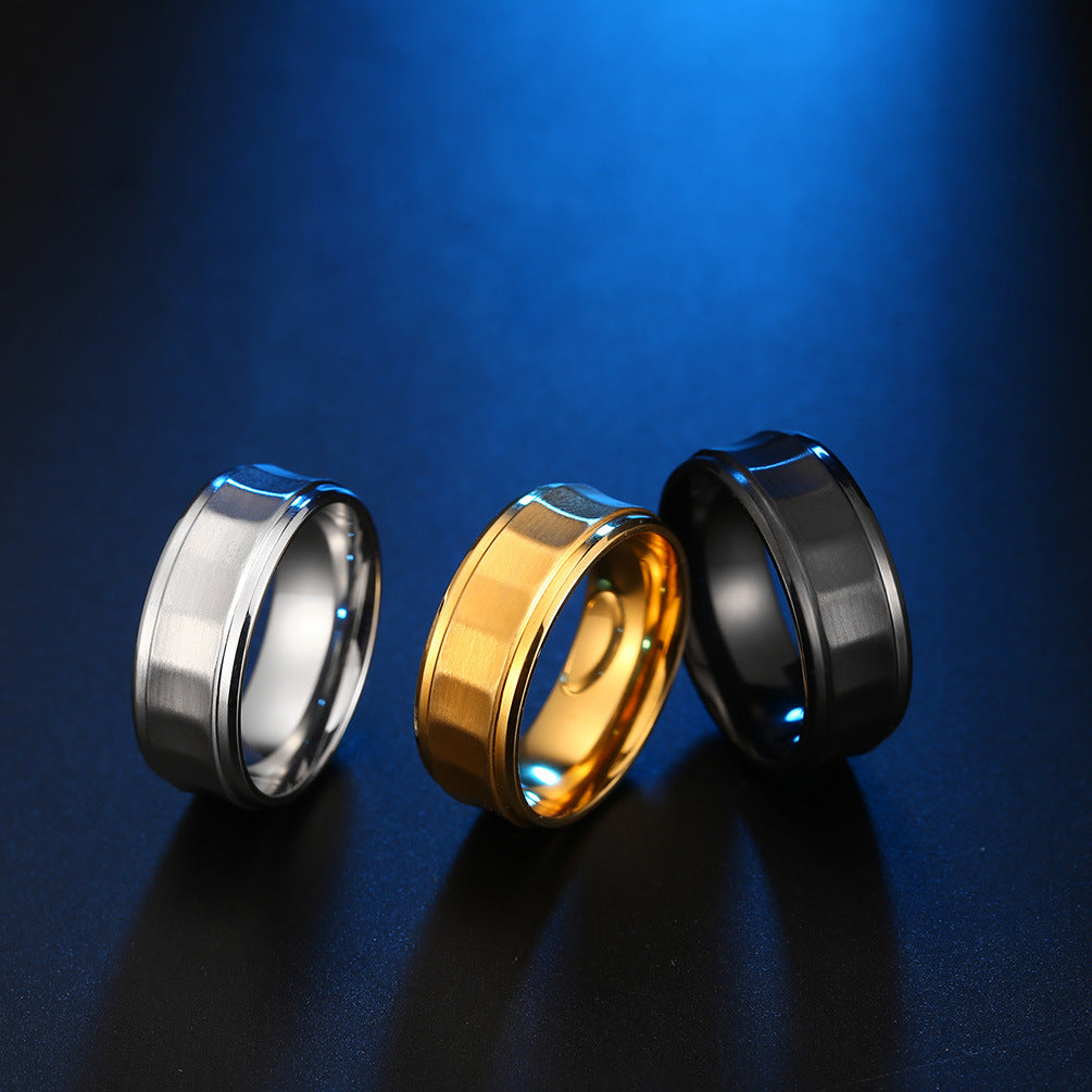 Inner Arc Outer Concave Brushed Wire Plated 18k Gold Men's Ring Matte Black