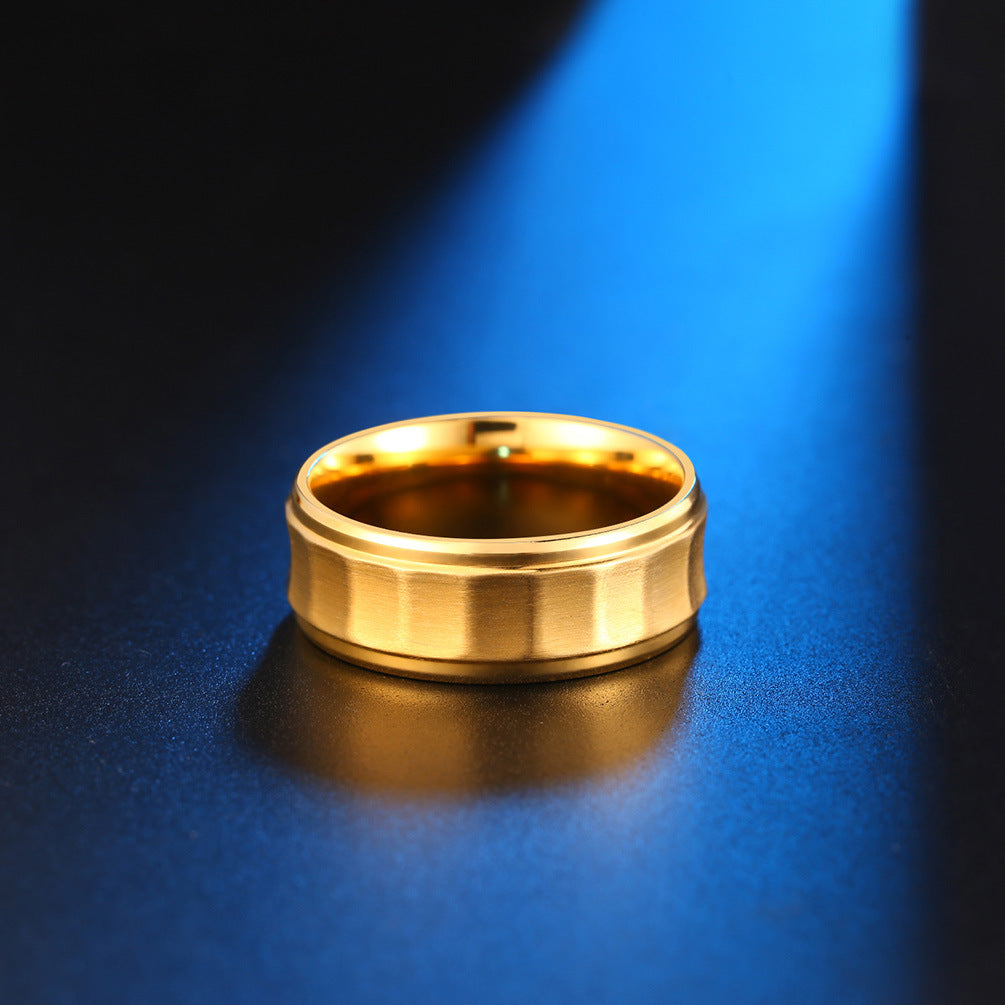 Inner Arc Outer Concave Brushed Wire Plated 18k Gold Men's Ring Matte Black