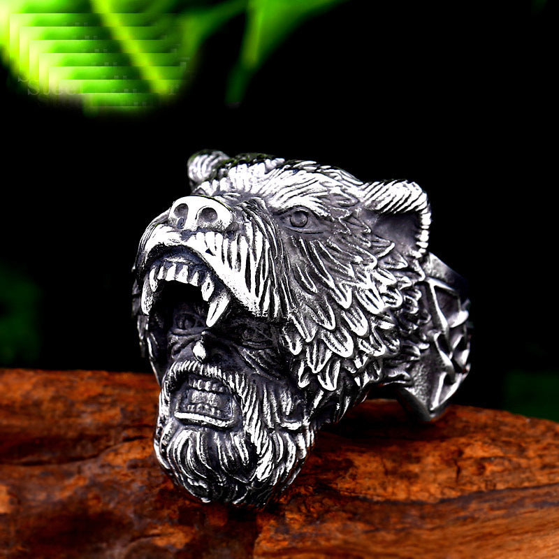 Viking Bear Man Stainless Steel Personality Ring for Men - Retro Wholesale Jewelry
