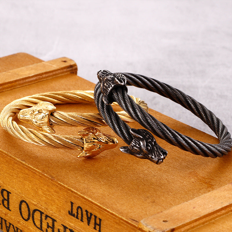 Stainless Steel Braided Wire Wolf Head Open Bracelet Men's Titanium Steel Bracelet