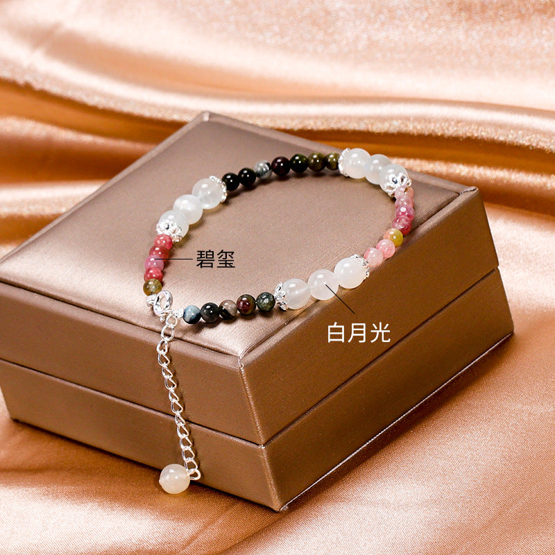 Elegant Crystal and Tourmaline Bracelet - Sterling Silver Women's Handcrafted Korean Edition Gift