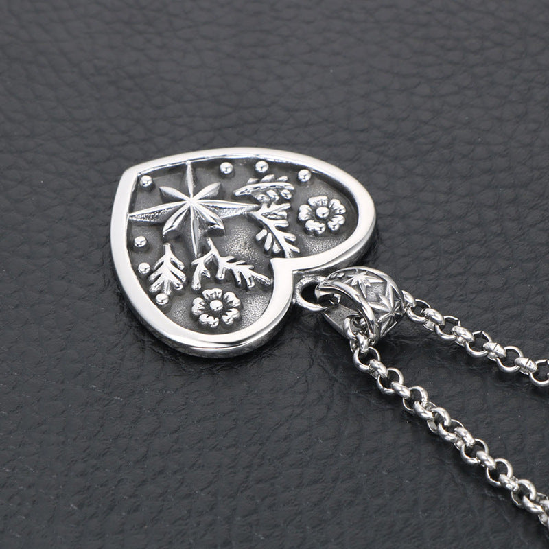Trendy Titanium Steel Necklace with Retro Star Flower and Peach Heart Pendant for Men and Women