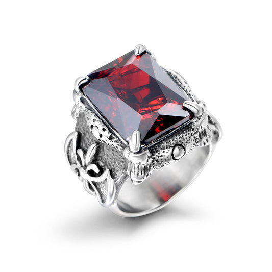 European And American Mens Titanium Steel Ring Red Zircon