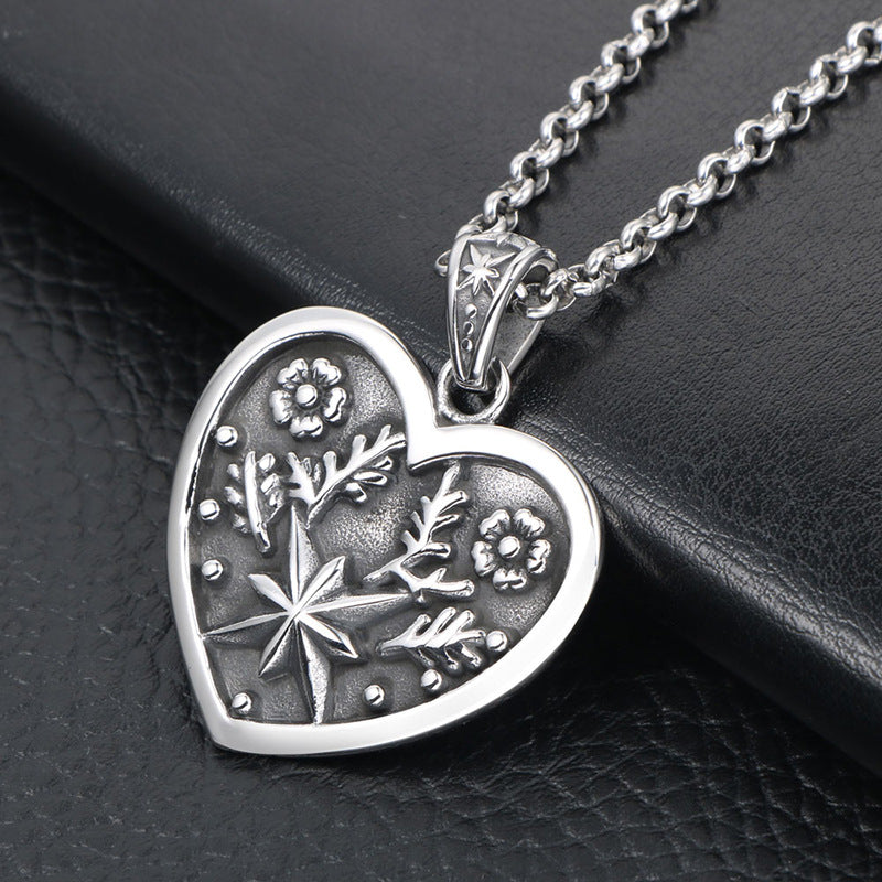 Trendy Titanium Steel Necklace with Retro Star Flower and Peach Heart Pendant for Men and Women