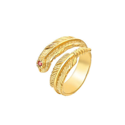 Korean Style Gold Feather Titanium Steel Ring with Zircon Gem