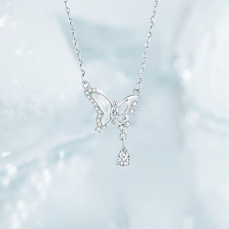 Planderful Sterling Silver Moonlight Butterfly Necklace With Mother Of Pearl Zircon Collarbone Gift For Girlfriend