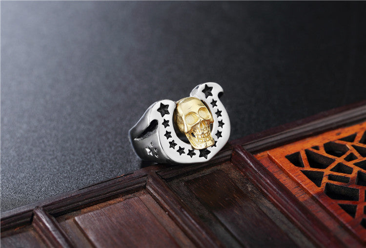 Titanium Steel Horseshoe Skull Ring