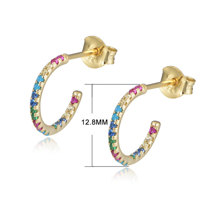 S925 Sterling Silver Slightly Inlaid Colored Zircon C-Shaped Earrings,