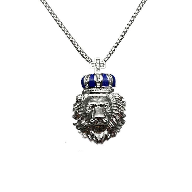 Steel Necklace - Statement Crown Lion Head Pendant With Gold Plating And Zircon Accents