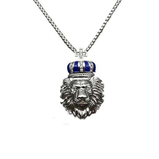 Steel Necklace - Statement Crown Lion Head Pendant With Gold Plating And Zircon Accents