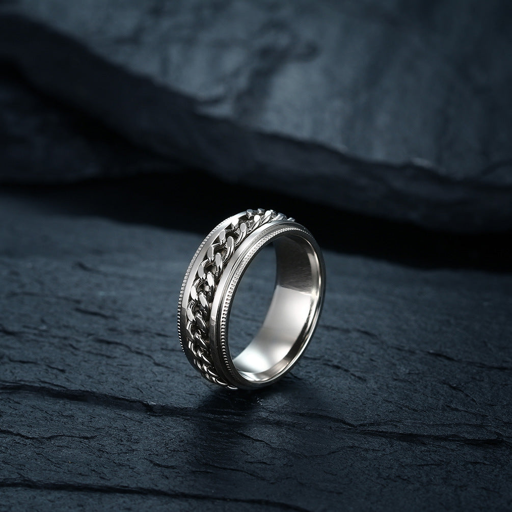Planderful Titanium Steel Chain Ring Rotatable Design For Men Hip Hop Street Fashion Jewelry