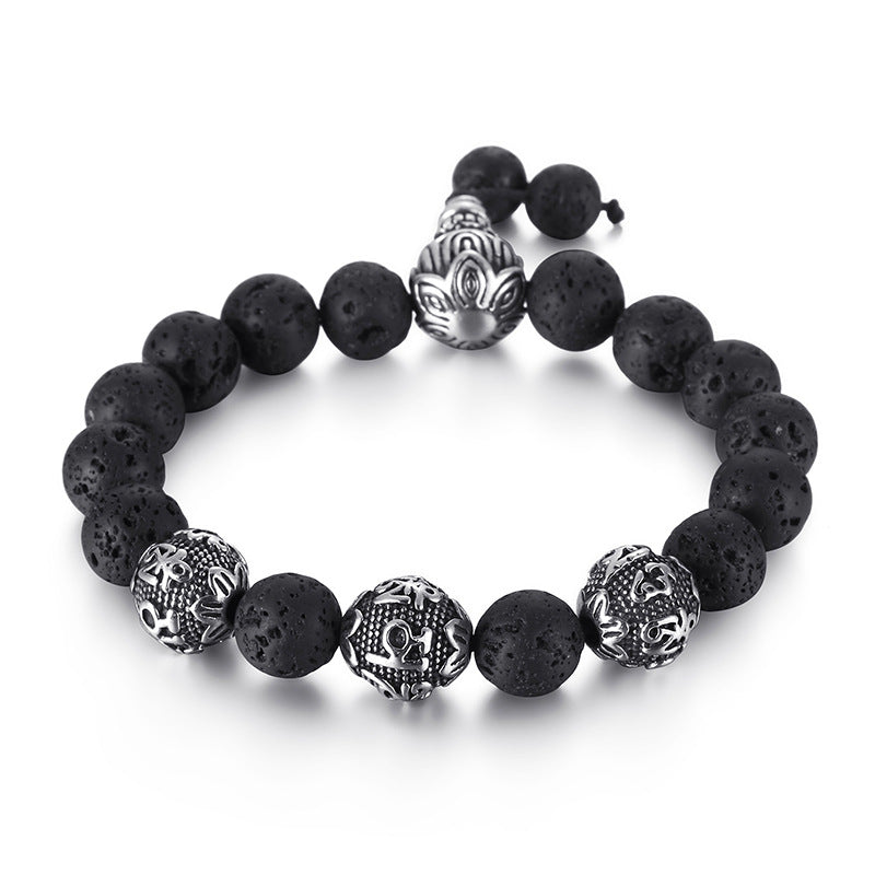Men's Steel Six-Character Mantra Bracelet with Volcanic Stone Accents