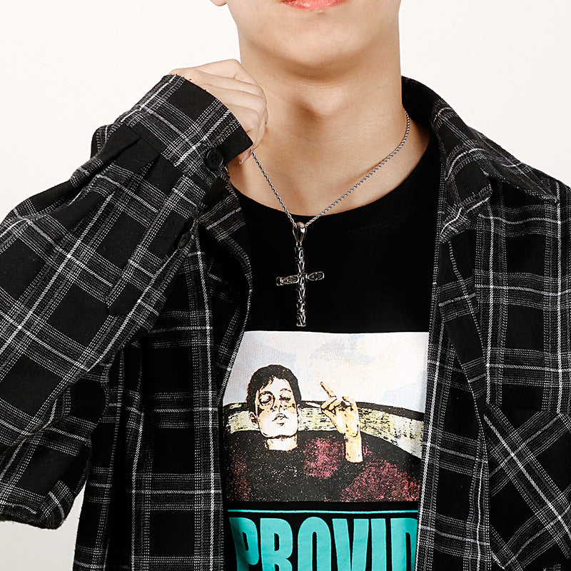 European Style Men's Titanium Steel Cross Pendant with Stainless Steel Creative Design