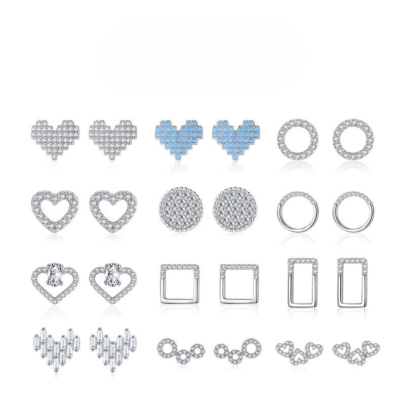 925 Sterling Silver Heart Geometric Zircon Stud Earrings