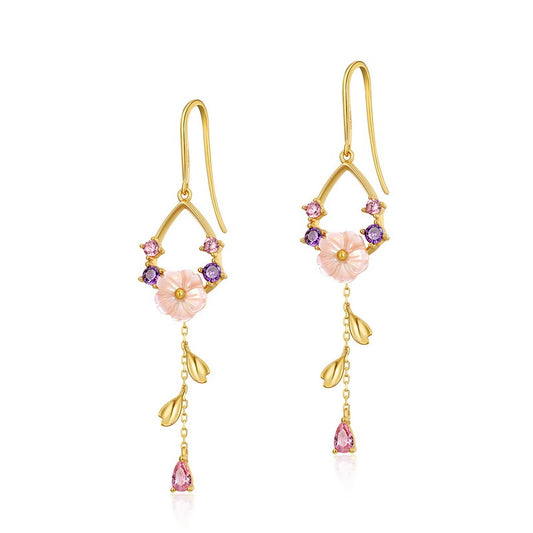 Pink Mother of Pearl Plum Blossom Tassel Silver Hook Earrings