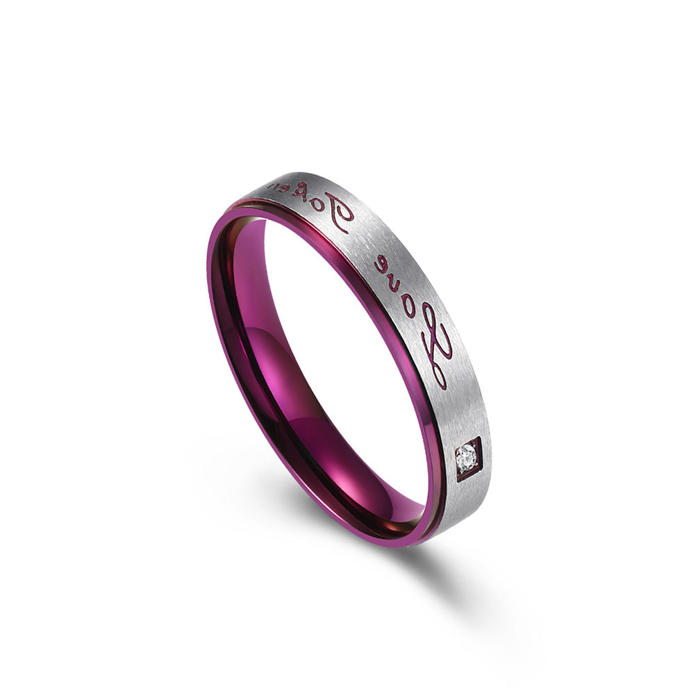 Vacuum Plated Purple Stainless Steel Couple Ring Love Zircon