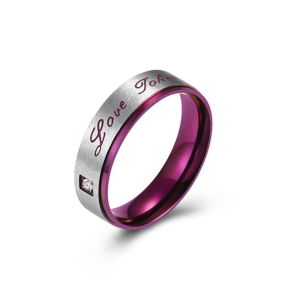 Vacuum Plated Purple Stainless Steel Couple Ring Love Zircon