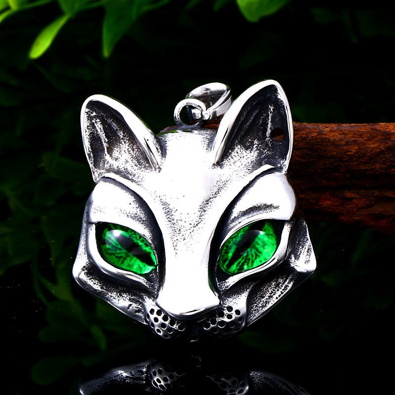 Titanium Steel Green-Eyed Fox Head Pendant - Retro Cat Design for Men