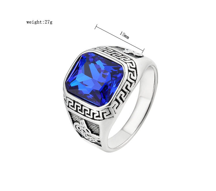 Zircon Ring With Great Wall Pattern Titanium Steel Unisex Shield by Planderful For Men And Women