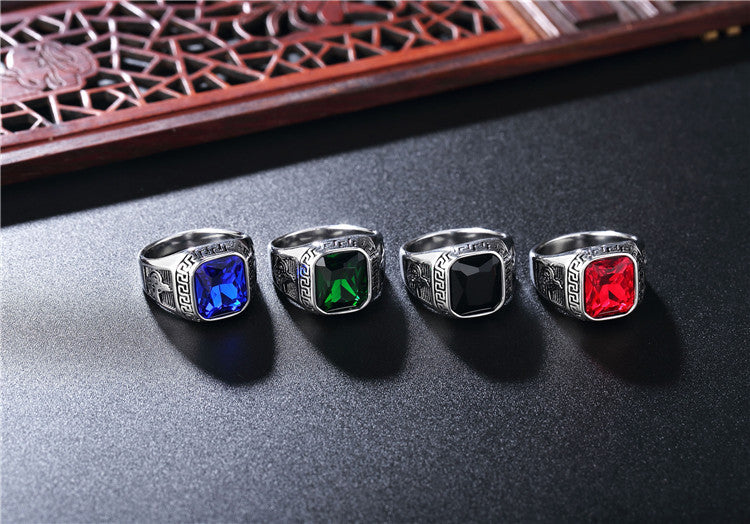 Zircon Ring With Great Wall Pattern Titanium Steel Unisex Shield by Planderful For Men And Women