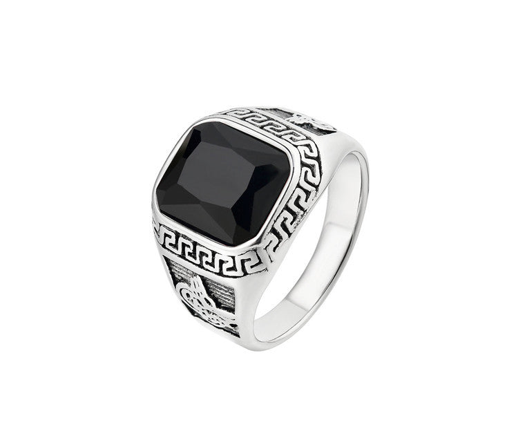 Zircon Ring With Great Wall Pattern Titanium Steel Unisex Shield by Planderful For Men And Women