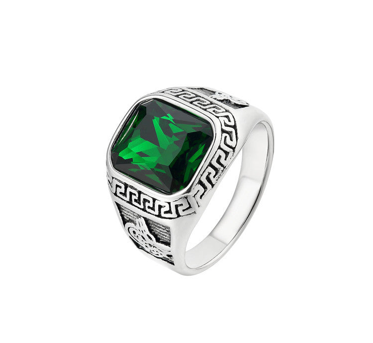 Zircon Ring With Great Wall Pattern Titanium Steel Unisex Shield by Planderful For Men And Women