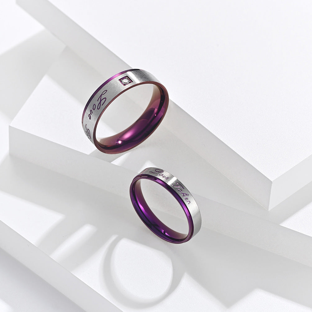 Vacuum Plated Purple Stainless Steel Couple Ring Love Zircon