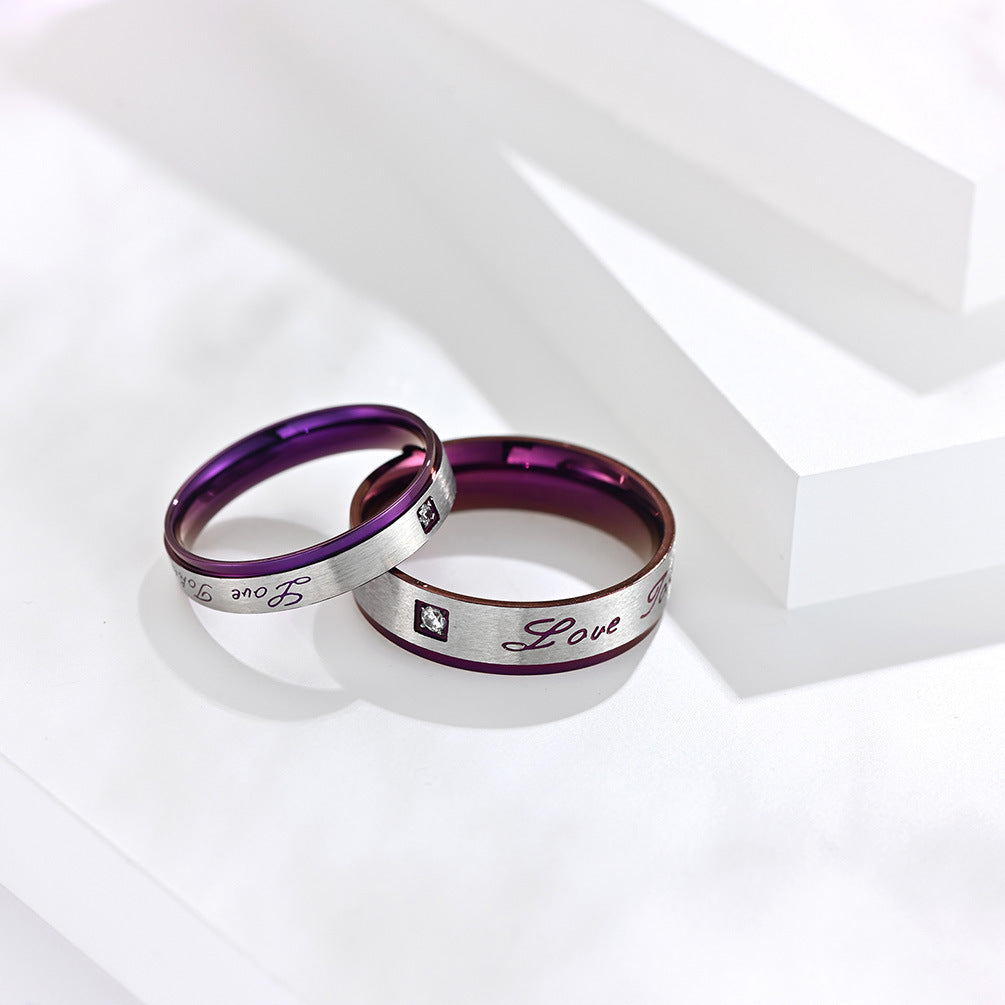 Vacuum Plated Purple Stainless Steel Couple Ring Love Zircon