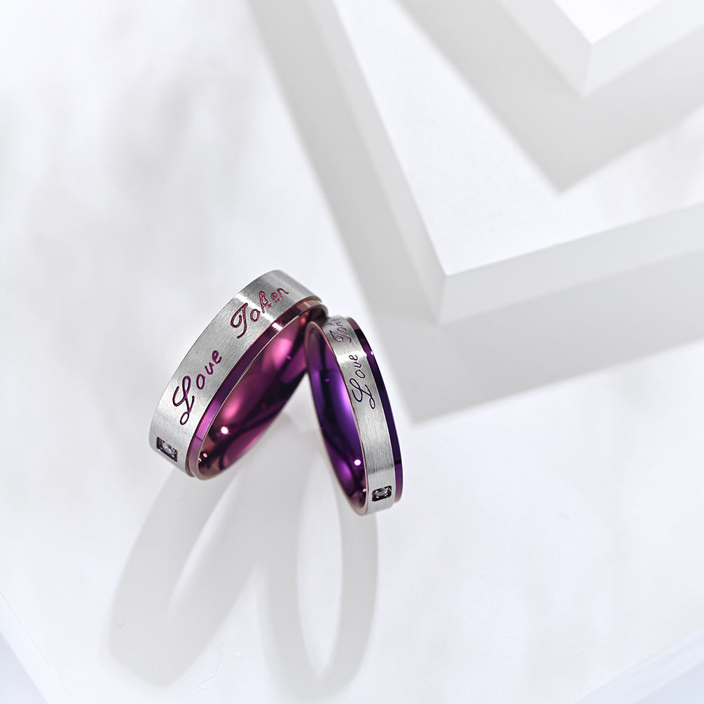 Vacuum Plated Purple Stainless Steel Couple Ring Love Zircon