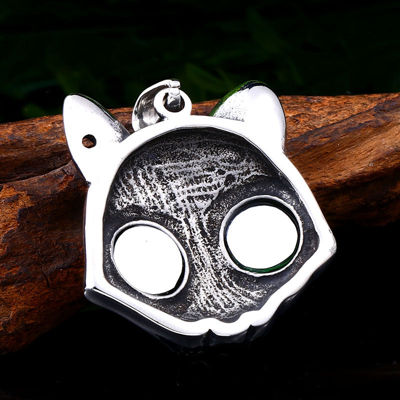 Titanium Steel Green-Eyed Fox Head Pendant - Retro Cat Design for Men