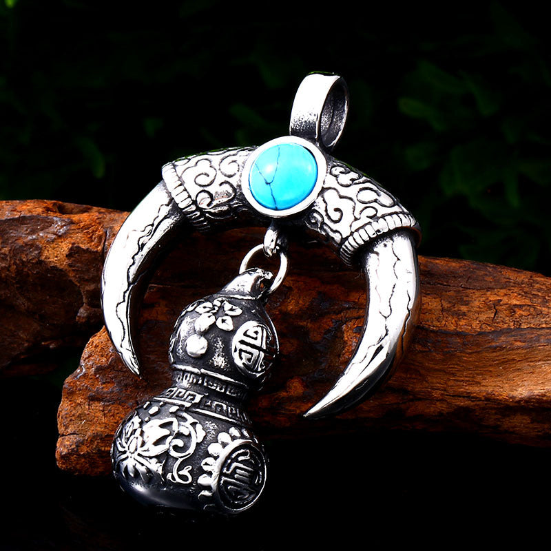 Men's Retro Titanium Steel Pendant with Red Turquoise Gourd Design - Wholesale Stainless Steel Jewelry