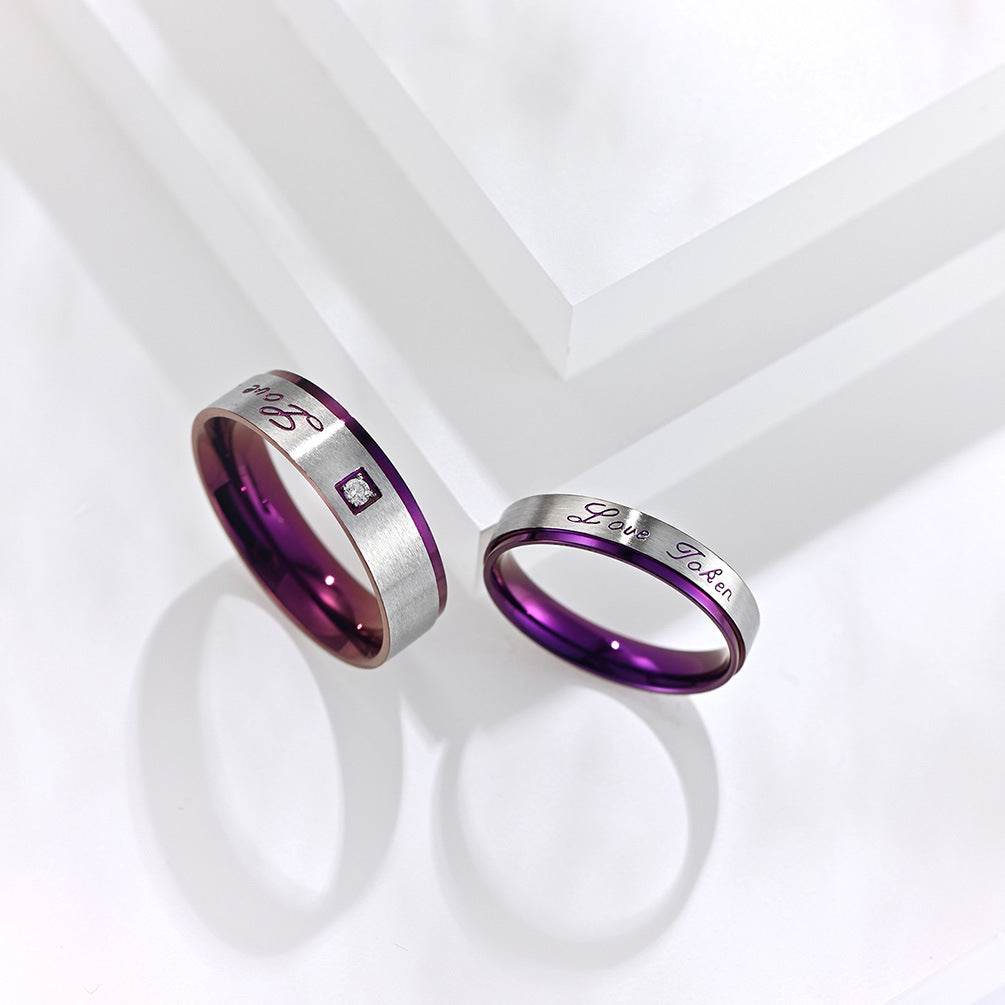 Vacuum Plated Purple Stainless Steel Couple Ring Love Zircon