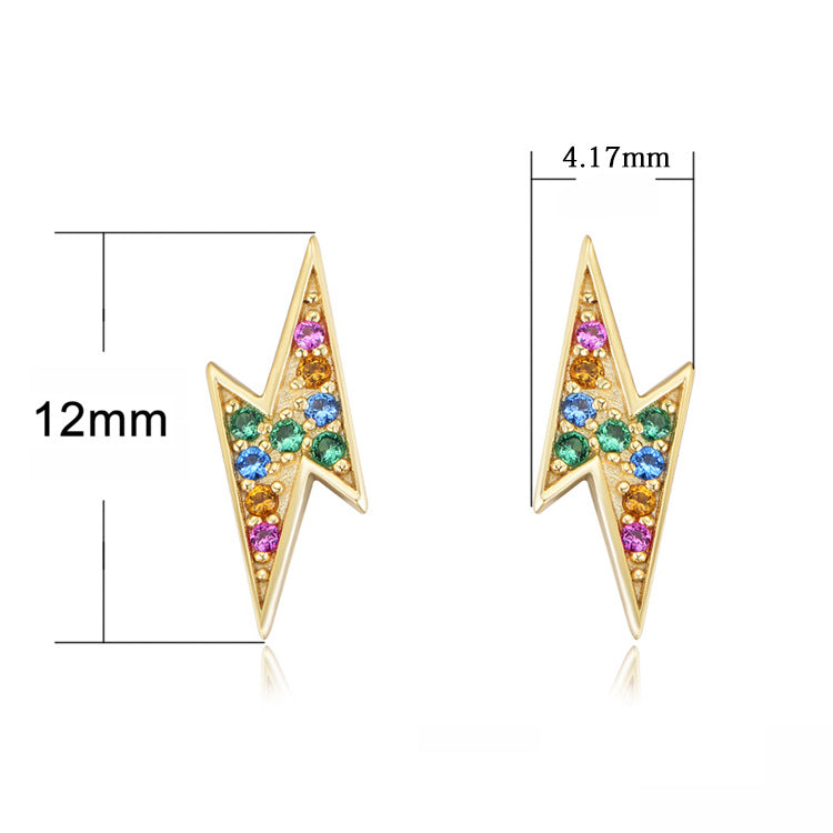 S925 Sterling Silver Micro-Inlaid Colored Zircon Stud Earrings Korean Version Geometric Lightning Earrings