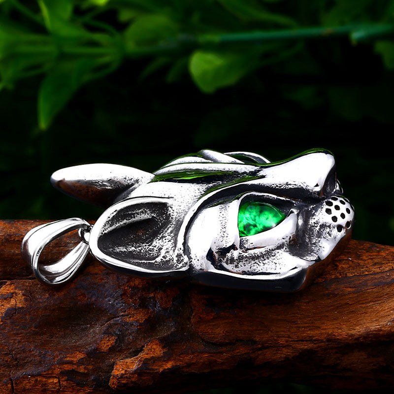 Titanium Steel Green-Eyed Fox Head Pendant - Retro Cat Design for Men