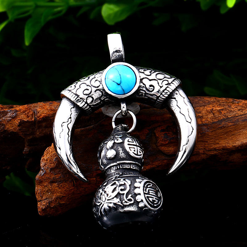 Men's Retro Titanium Steel Pendant with Red Turquoise Gourd Design - Wholesale Stainless Steel Jewelry