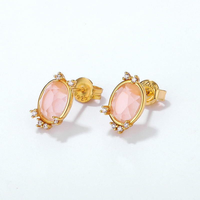 Oval Pink Crystal Silver Stud Earrings
