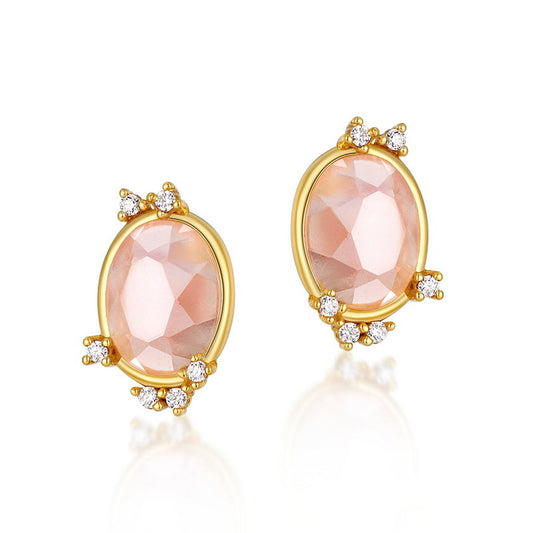 Oval Pink Crystal Silver Stud Earrings