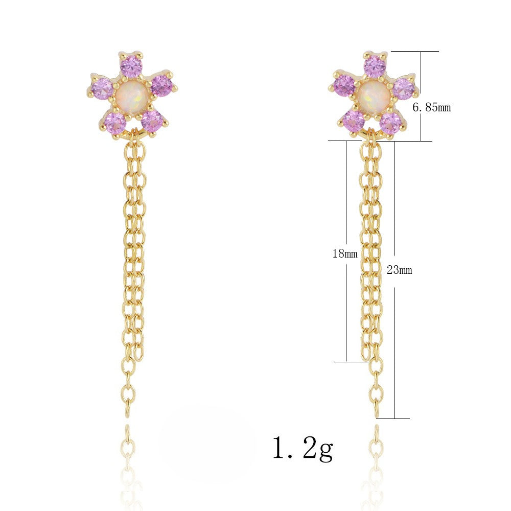 S925 Sterling Silver Zircon Chain Fringed Earrings Flower Stud Earrings