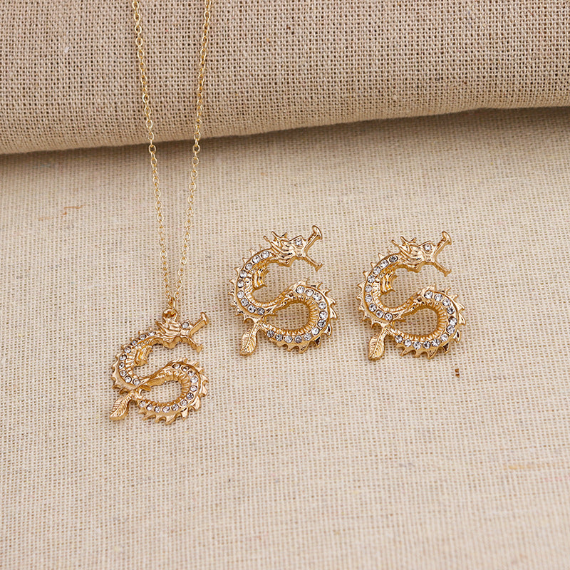 Mystical Dragon Zodiac Jewelry Set - Vintage Style Earrings and Necklace