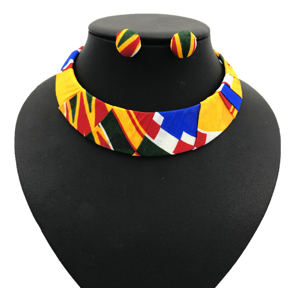 Savanna Rhythms African Style Collars and Choker Necklaces Set with Woven Fabric