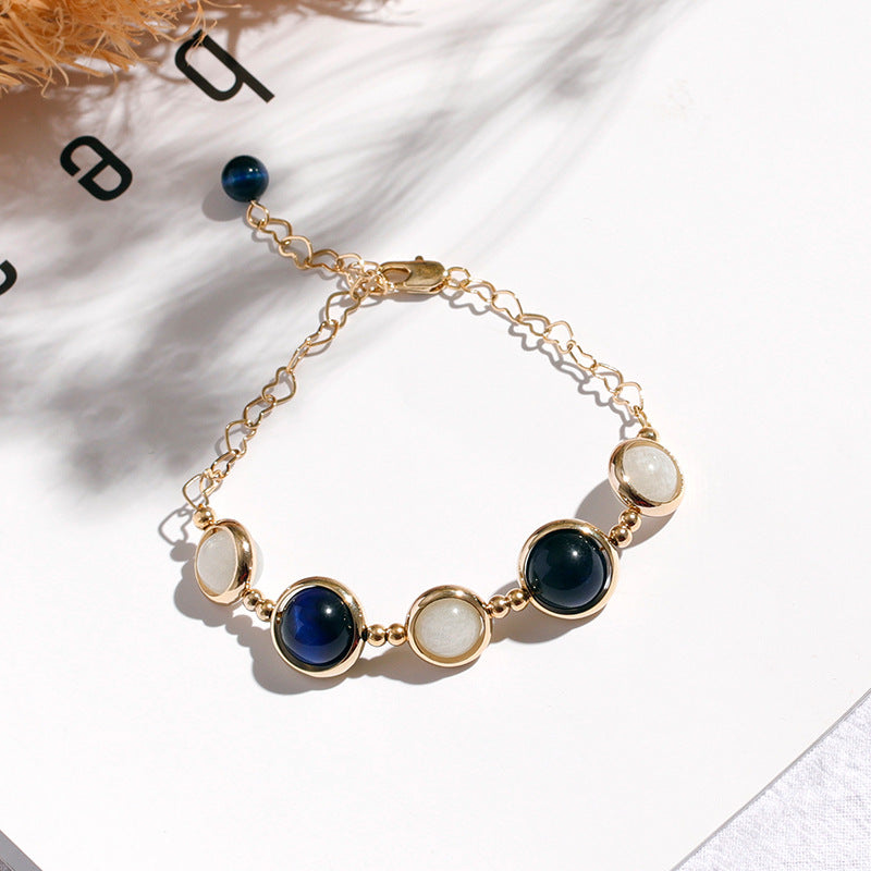 Blue Tiger Eye Crystal and Moonlight Stone Bracelet in Sterling Silver